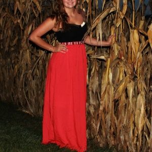 Black and red strapless maxi dress